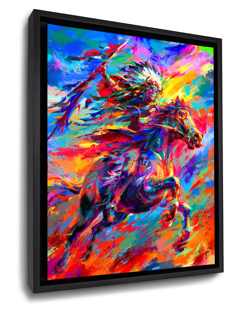 Geronimo | Native American on Horseback - Blend Cota Art Print Framed on Canvas - Blend Cota Studios - Black Frame