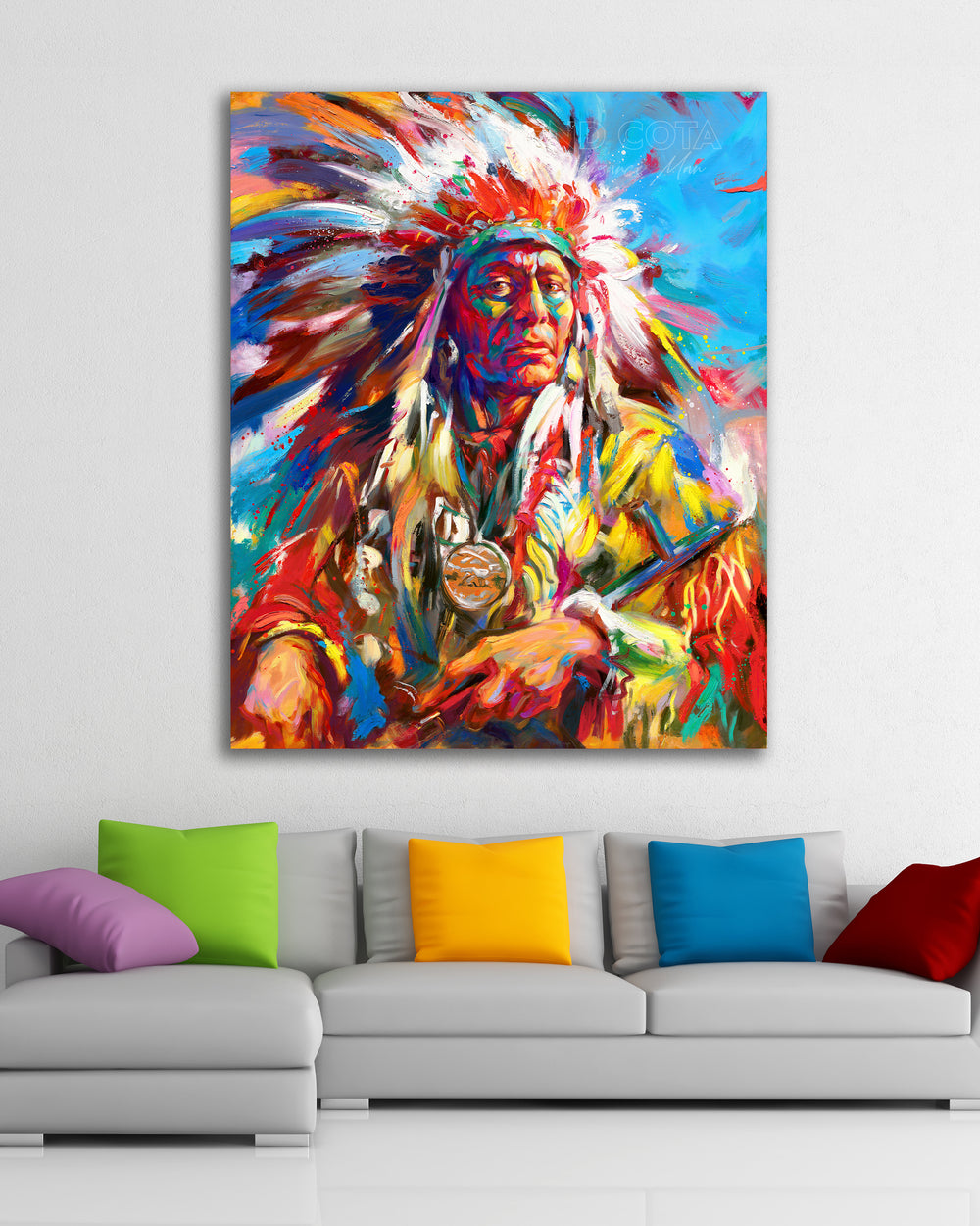 Limited edition painting on canvas of the Native American Warrior Portrait in war bonnet, symoblizing the Great Spirit, pride and power, in colorful brushstrokes, color expressionism style.