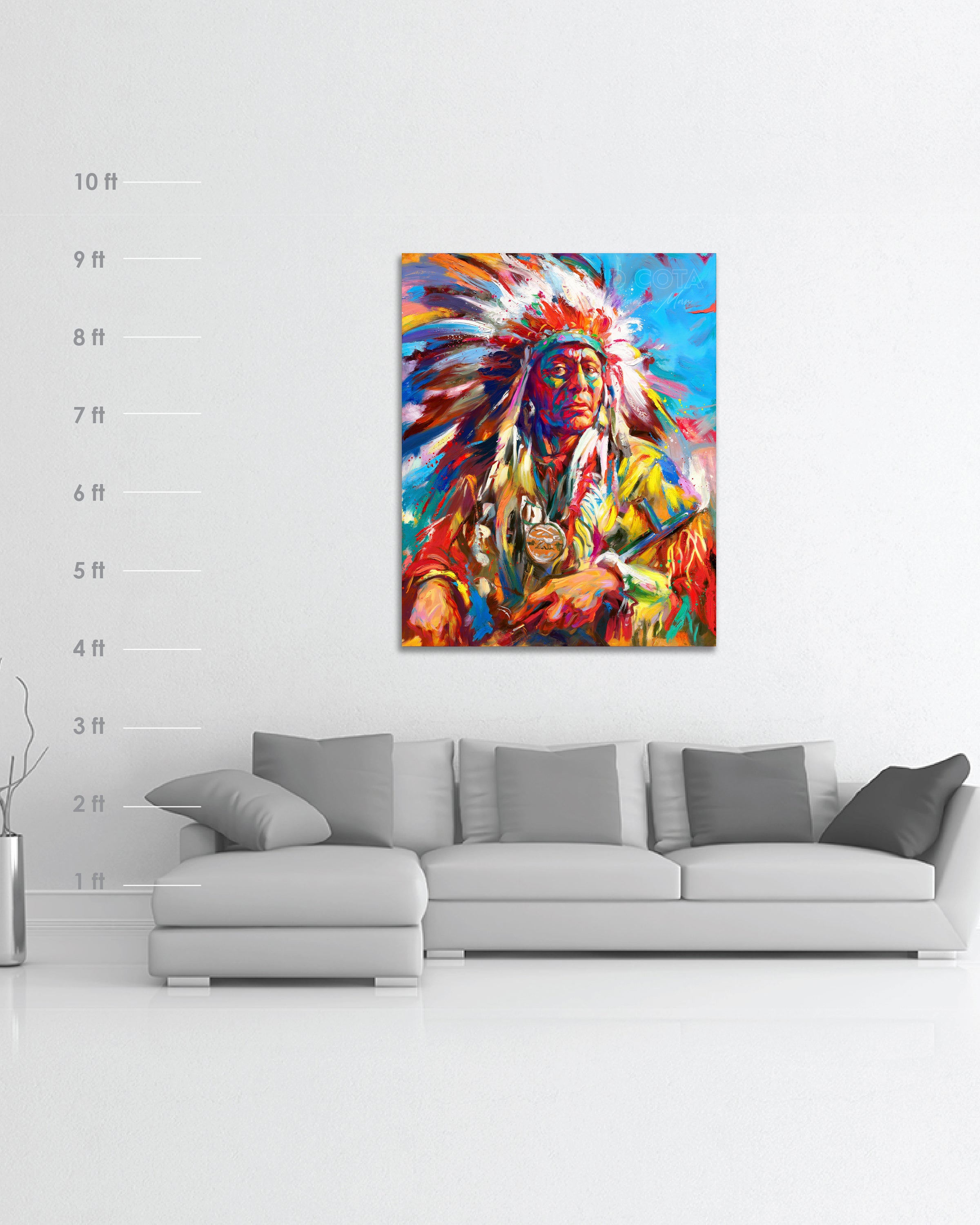 
                  
                    scale of native american portrait original oil painting in a room
                  
                