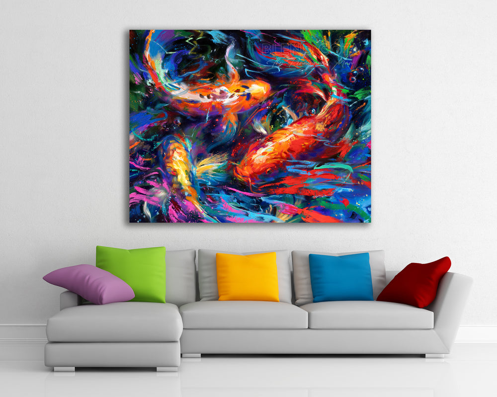 Koi Garden - Blend Cota Limited Edition Art on Canvas - Blend Cota Studios painting hanging on a black white wall behind a colorful couch