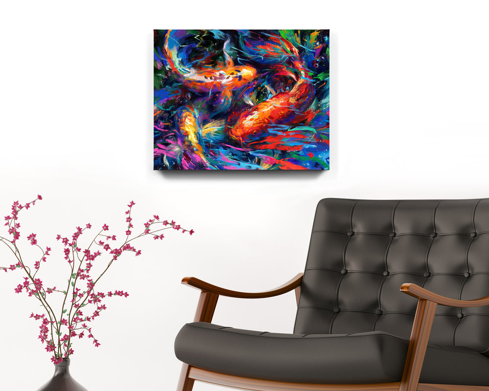 
                  
                    Koi Garden - Blend Cota Art Print on Cardstock - Blend Cota Studios painting hanging on a white wall by black leather armchair
                  
                