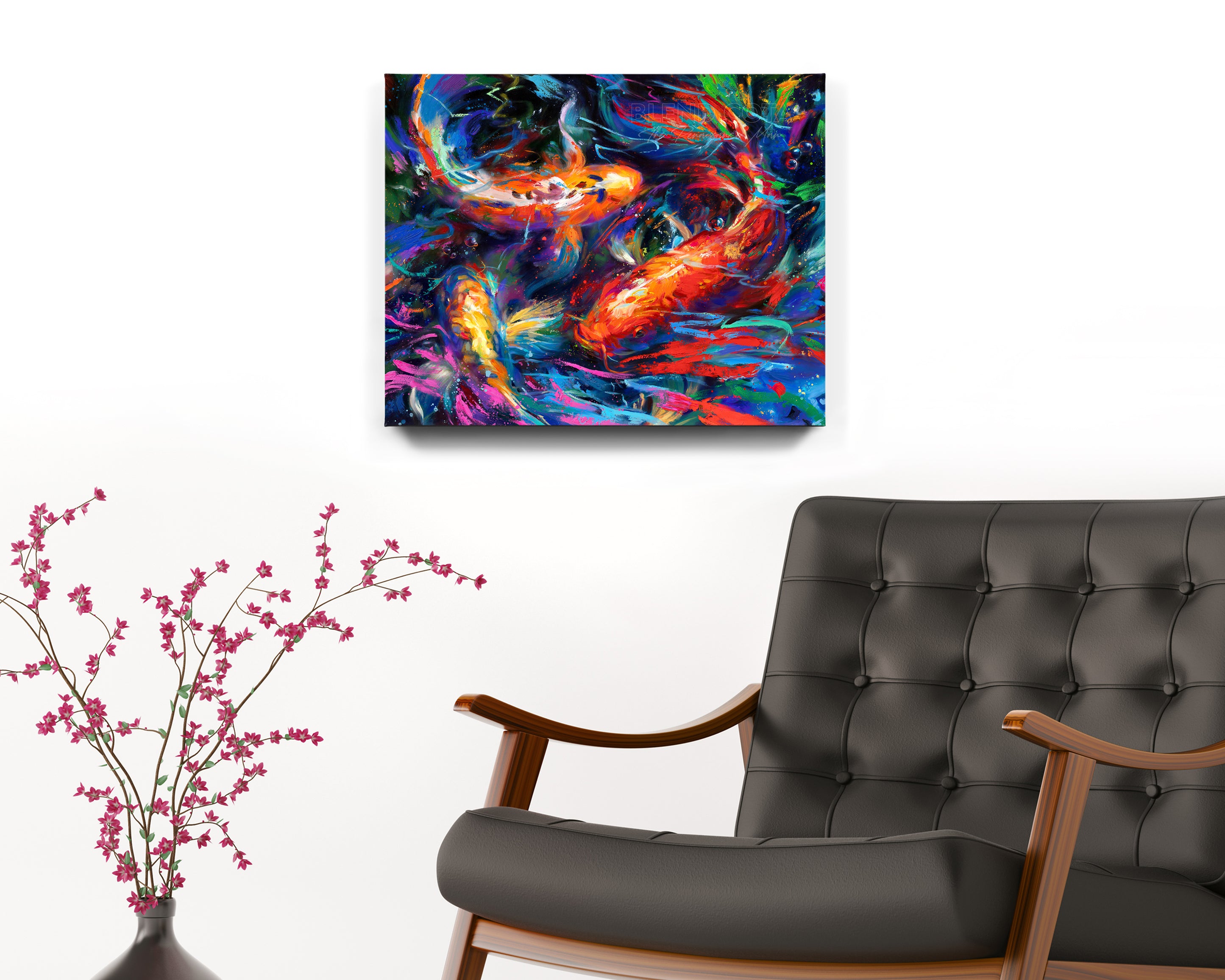 Koi Garden - Blend Cota Art Print on Canvas - Blend Cota Studios painting hanging on white wall behind black leather armchair