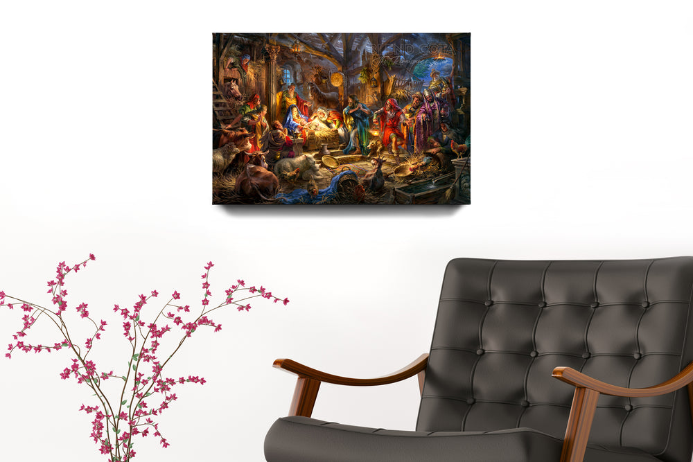 Nativitas | A King is Born Baby Jesus - Blend Cota Art Print on Canvas - Blend Cota Studios - room setting chair with painting hanging on wall