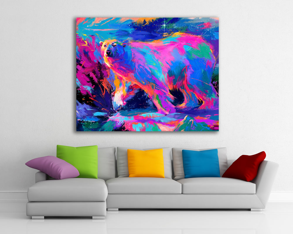 True Northern Spirit - Blend Cota Limited Edition Art on Metal - Blend Cota Studios painting hanging on a white wall behind a colorful couch
