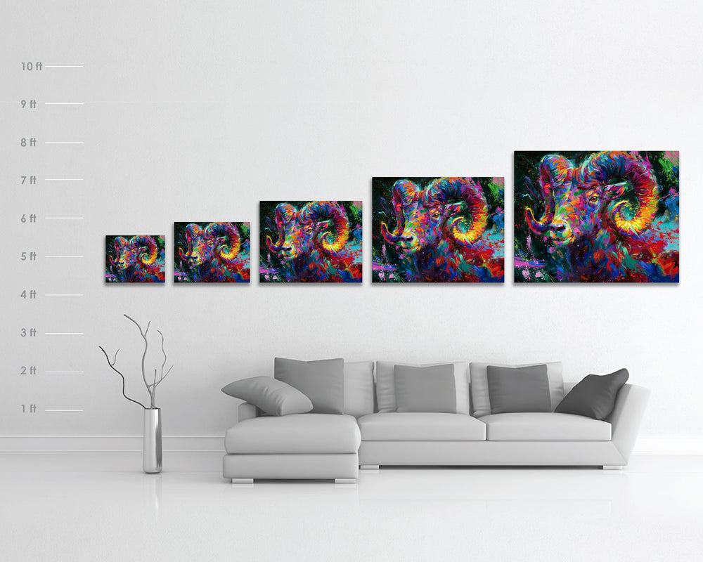 The Ram Spirit painted by Blend Cota Limited Edition Art on Metal from Blend Cota Studios with size chart comparison