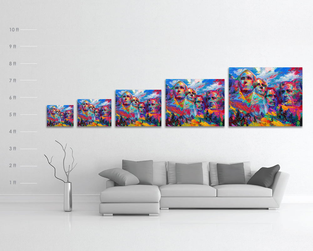 Mount Rushmore | Hope For a Brighter Future painted by Blend Cota limited edition art framed on canvas from Blend Cota Studios with a size comparison of all print sizes