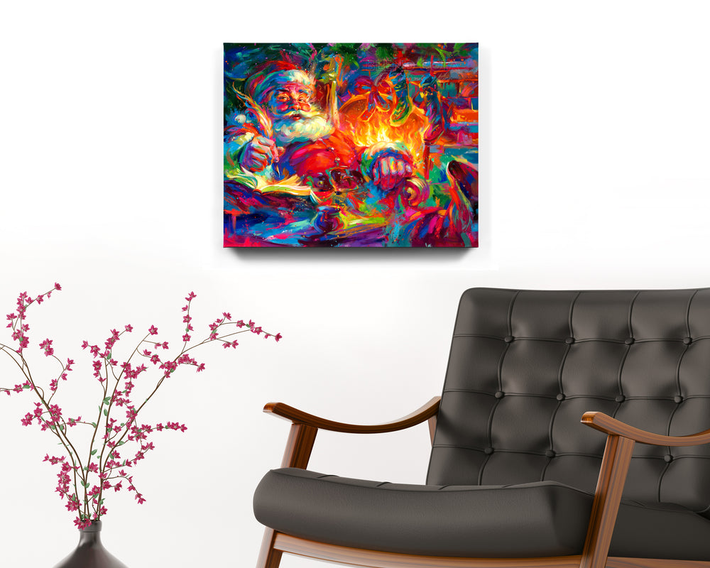 Santa painted by Blend Cota Art Print on Cardstock from Blend Cota Studios with the painting hanging on a white wall behind a black leather armchair