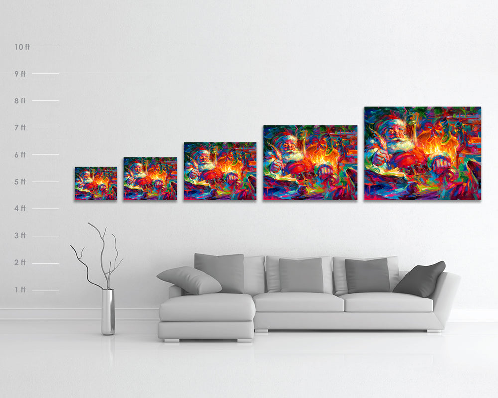 Santa painted by Blend Cota Limited Edition Art Framed on Canvas from Blend Cota Studios with a size comparison chart for print sizes