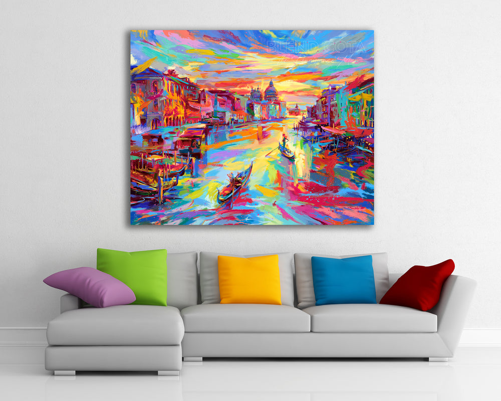 Venice colour painting - The City of Water painted by Blend Cota Limited Edition Art on Metal from Blend Cota Studios with art hanging on white wall behind colorful couch