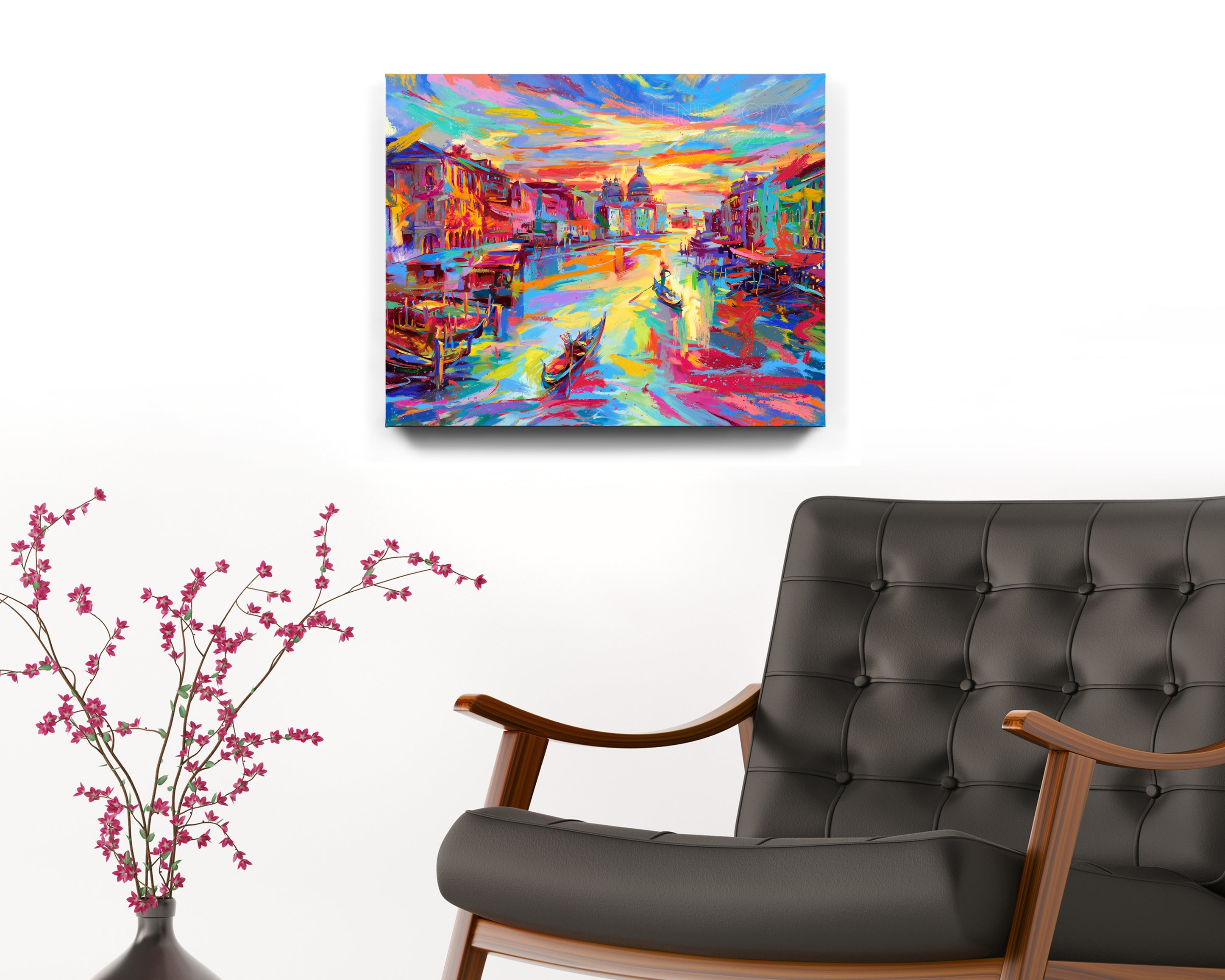 Venice color painting - The City of Water painted by Blend Cota Art Print framed on Canvas from Blend Cota Studios with painting hanging on white wall behind a black leather armchair