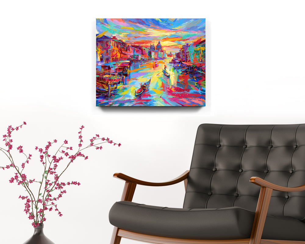 Venice color painting - The City of Water painted by Blend Cota Art Print on Canvas from Blend Cota Studios with painting hanging on white wall behind a black leather chair
