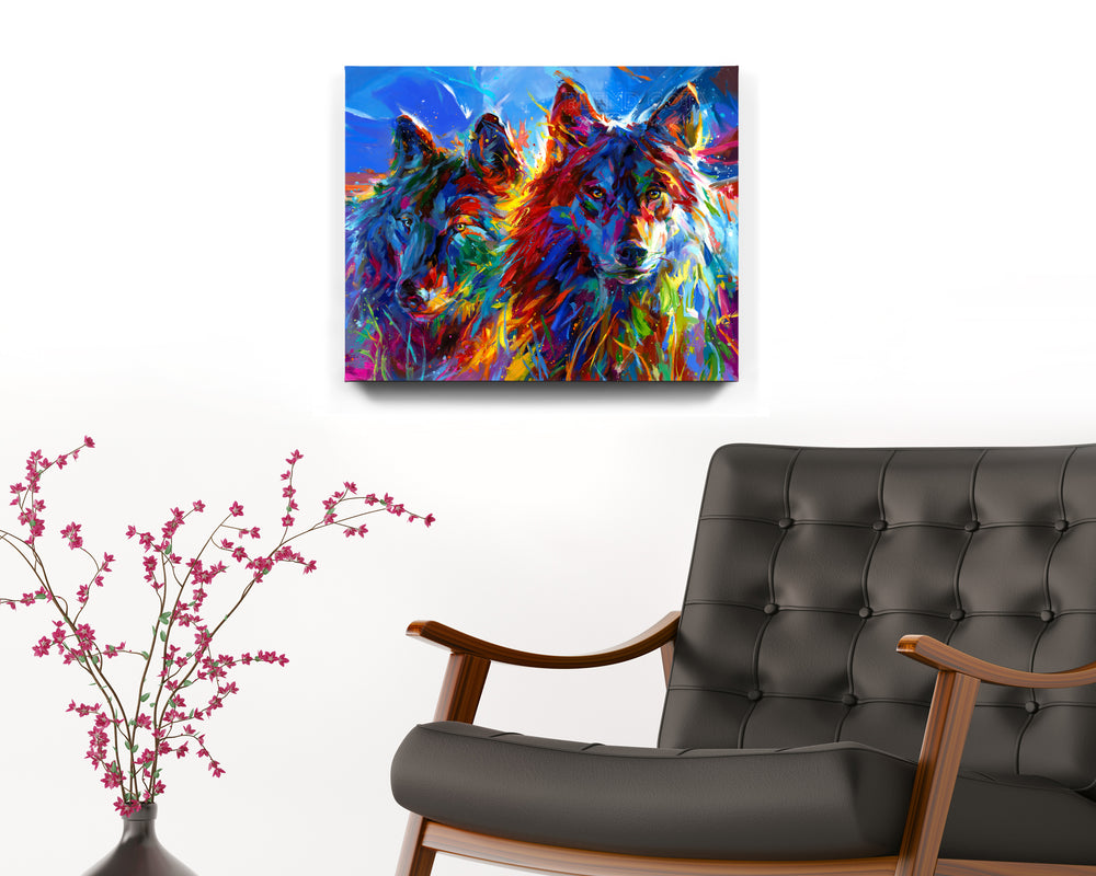 Wolves True Love painted by Blend Cota Art Print on Canvas from Blend Cota Studios painting hanging on wall behind a chair