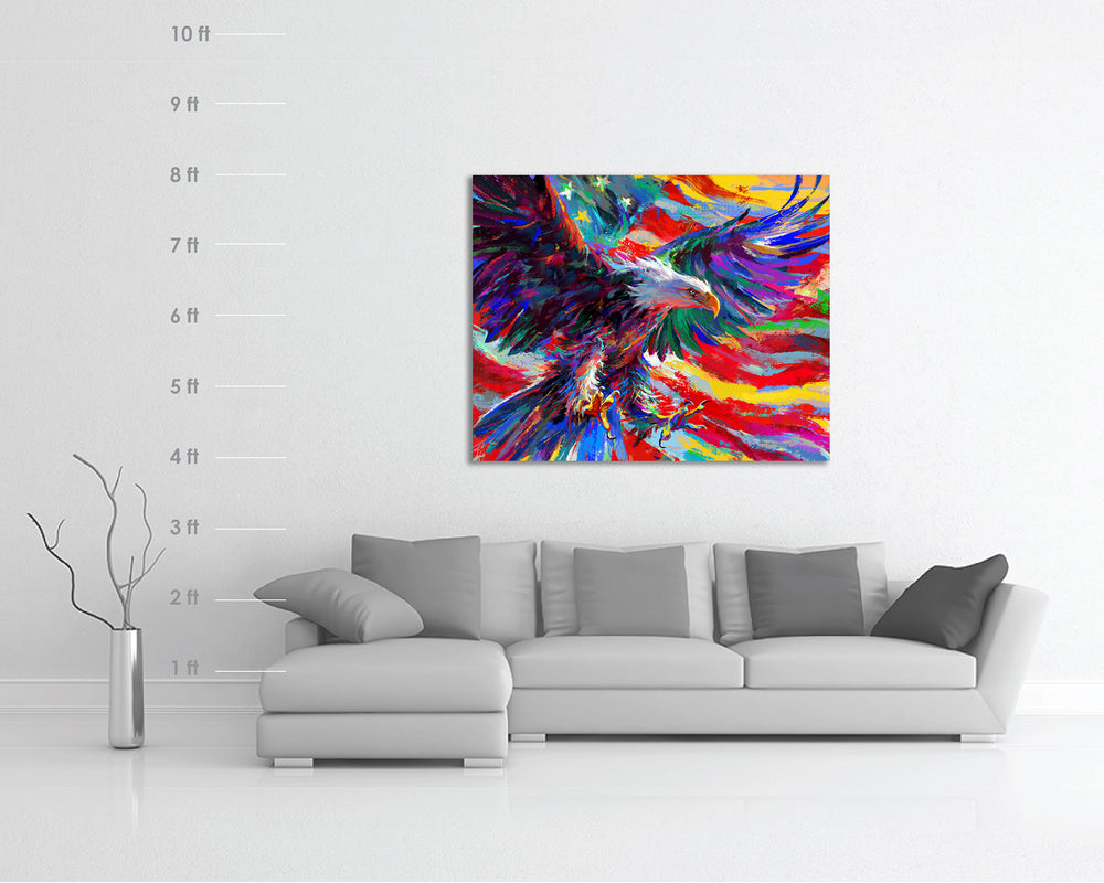 
                  
                    Oil on canvas painting of a Bald Eagle symbol of freedom in flight with open wings, and American flag in the background, treated with colorful brushstrokes with scale dimensions
                  
                