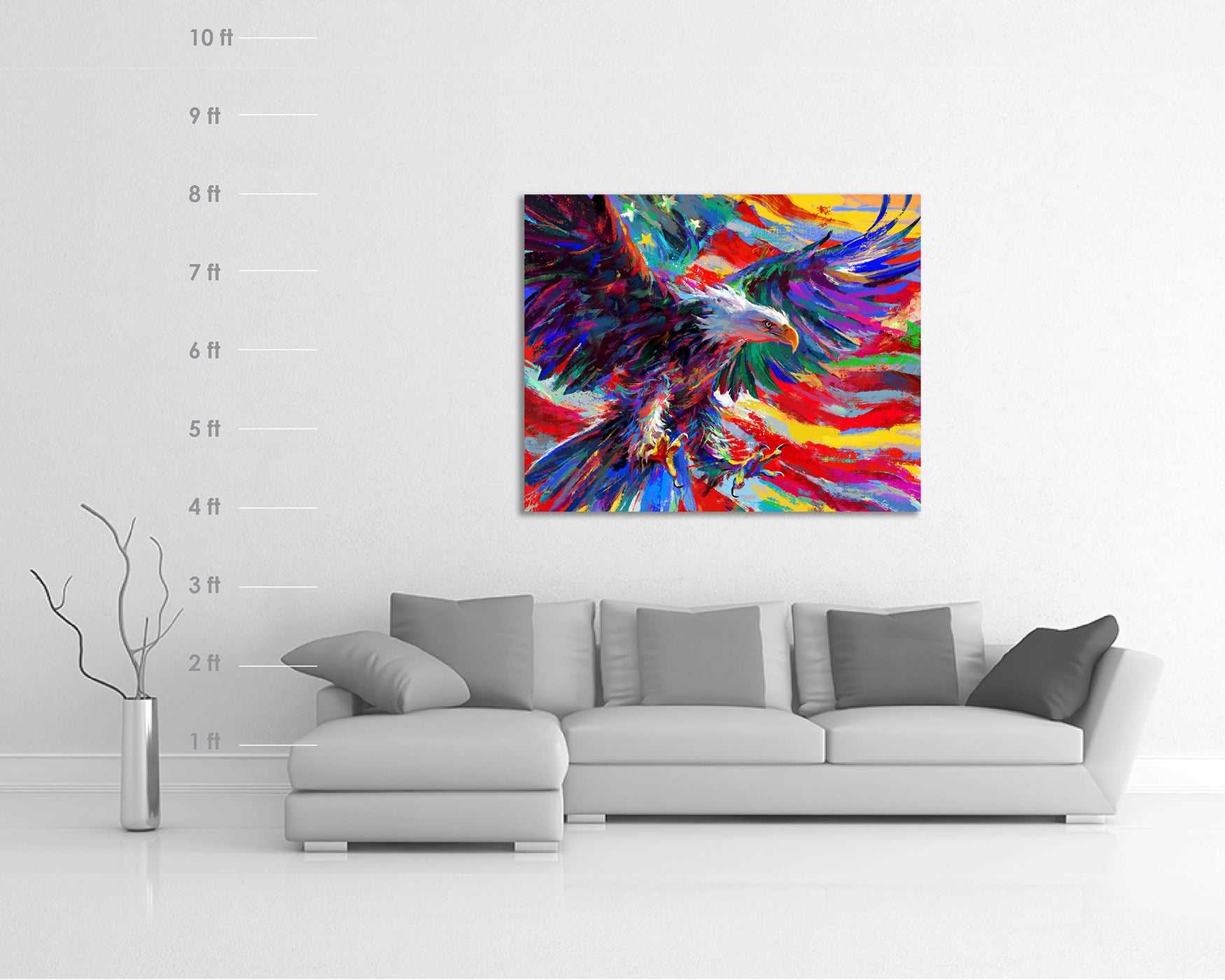 
                  
                    Oil on canvas painting of a Bald Eagle symbol of freedom in flight with open wings, and American flag in the background, treated with colorful brushstrokes with scale dimensions
                  
                