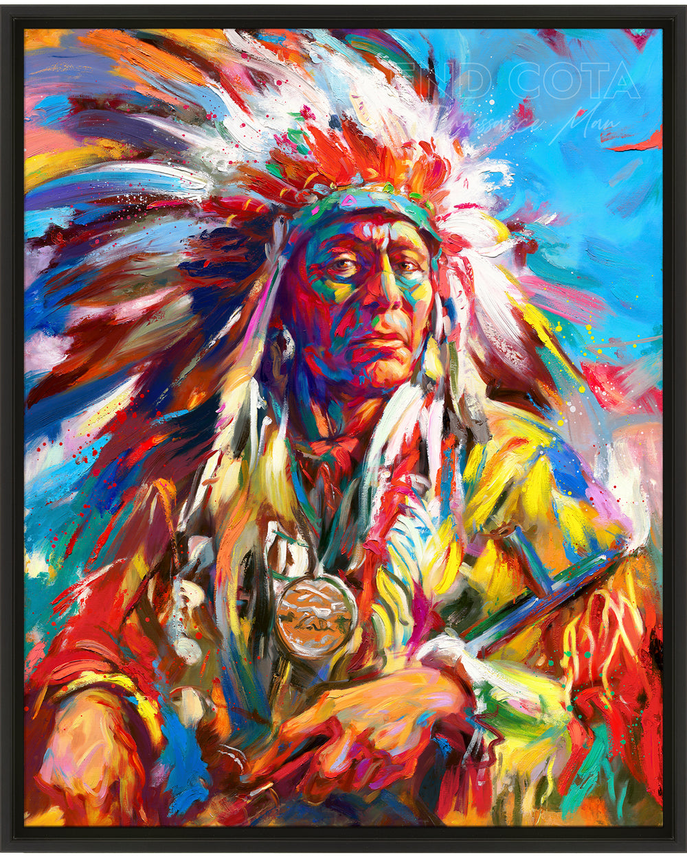 Limited edition framed painting on canvas of the Native American Warrior Portrait in war bonnet, symoblizing the Great Spirit, pride and power, in colorful brushstrokes, color expressionism style.