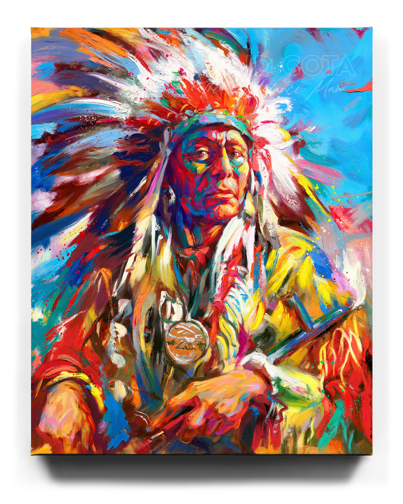 
                  
                    Limited edition painting on canvas of the Native American Warrior Portrait in war bonnet, symoblizing the Great Spirit, pride and power, in colorful brushstrokes, color expressionism style.
                  
                
