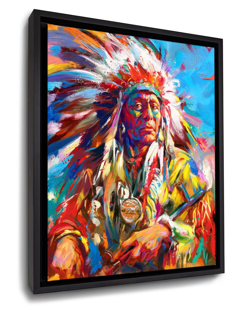 Framed art print on canvas of the Native American Warrior Portrait in war bonnet, symoblizing the Great Spirit, pride and power, in colorful brushstrokes, color expressionism style.