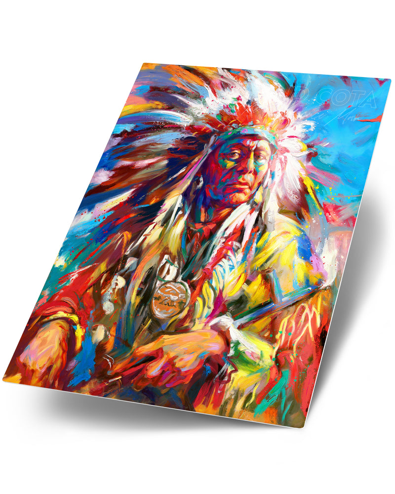 Metal art print of the Native American Warrior Portrait in war bonnet, symoblizing the Great Spirit, pride and power, in colorful brushstrokes, color expressionism style.