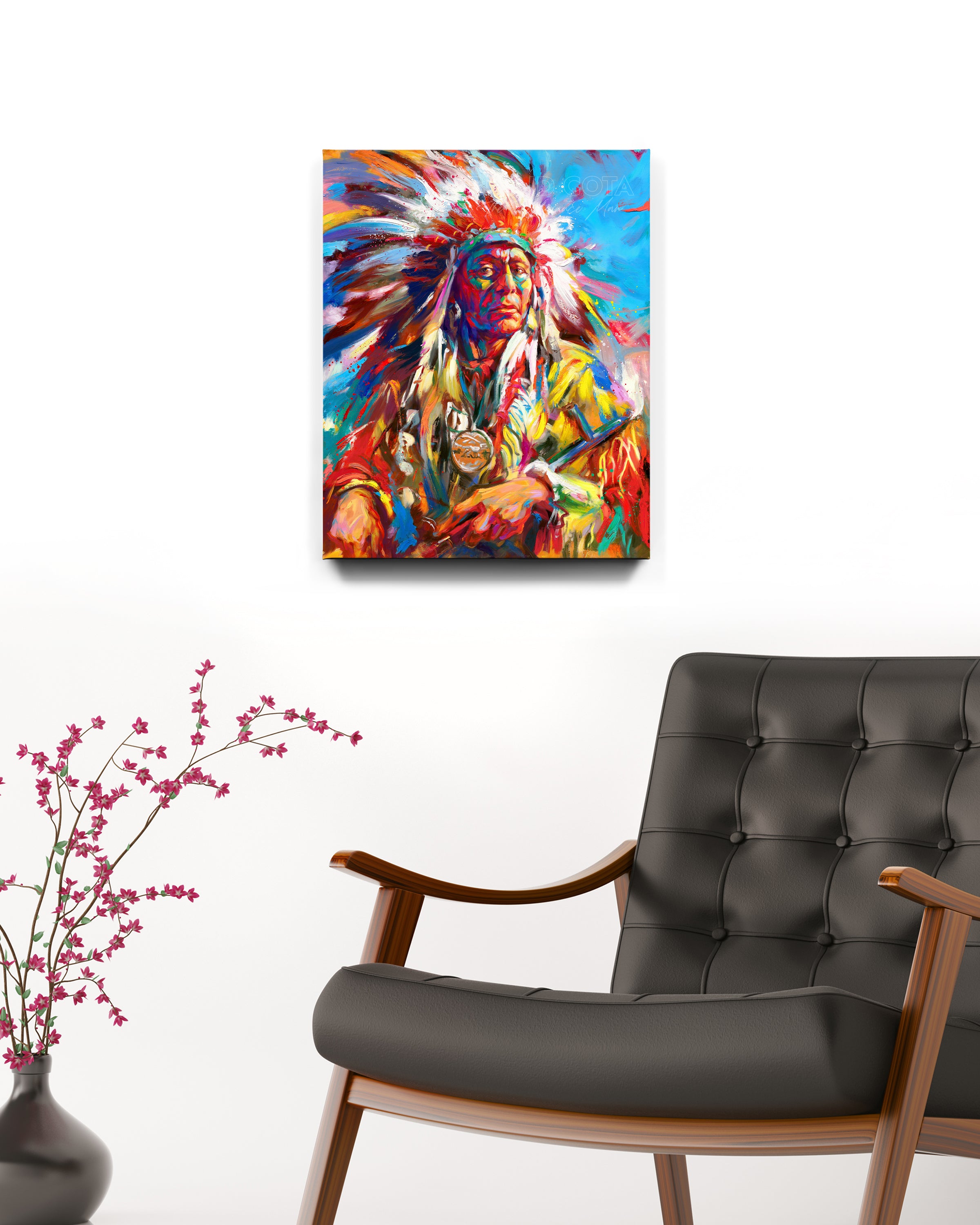 Art print on canvas of the Native American Warrior Portrait in war bonnet, symoblizing the Great Spirit, pride and power, in colorful brushstrokes, color expressionism style.