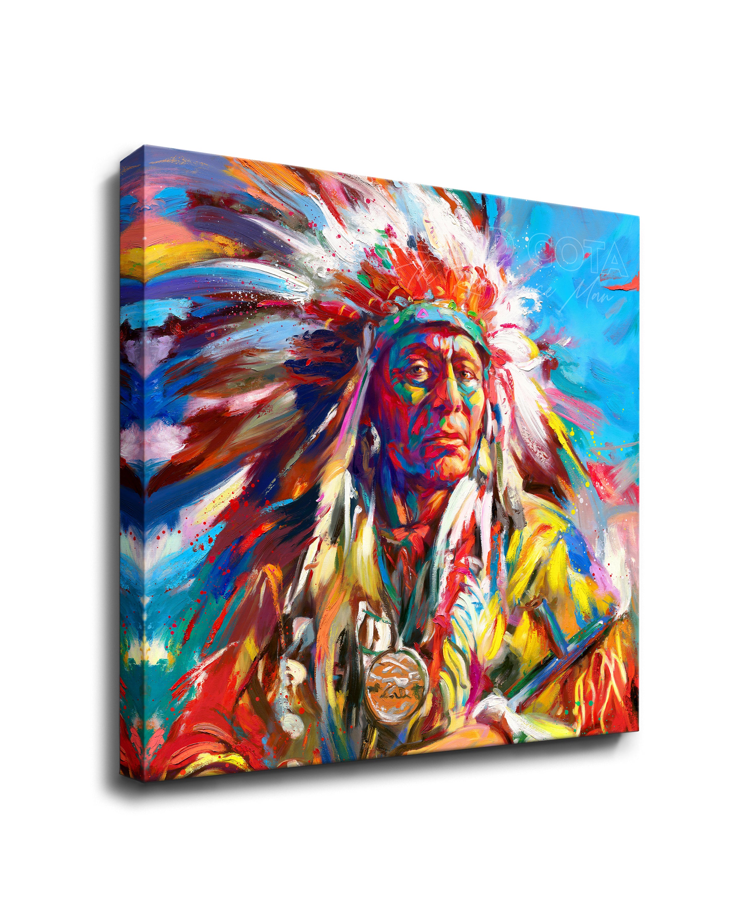 
                  
                    square canvas Art print of the Native American Warrior Portrait in war bonnet, symoblizing the Great Spirit, pride and power, in colorful brushstrokes, color expressionism style.
                  
                