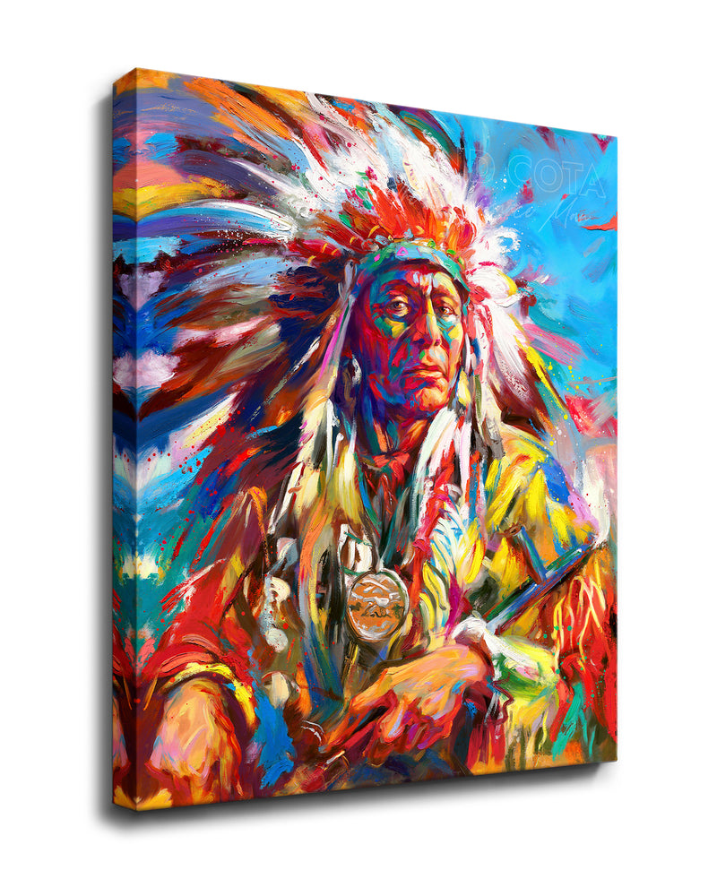 
                  
                    canvas Art print of the Native American Warrior Portrait in war bonnet, symoblizing the Great Spirit, pride and power, in colorful brushstrokes, color expressionism style.
                  
                
