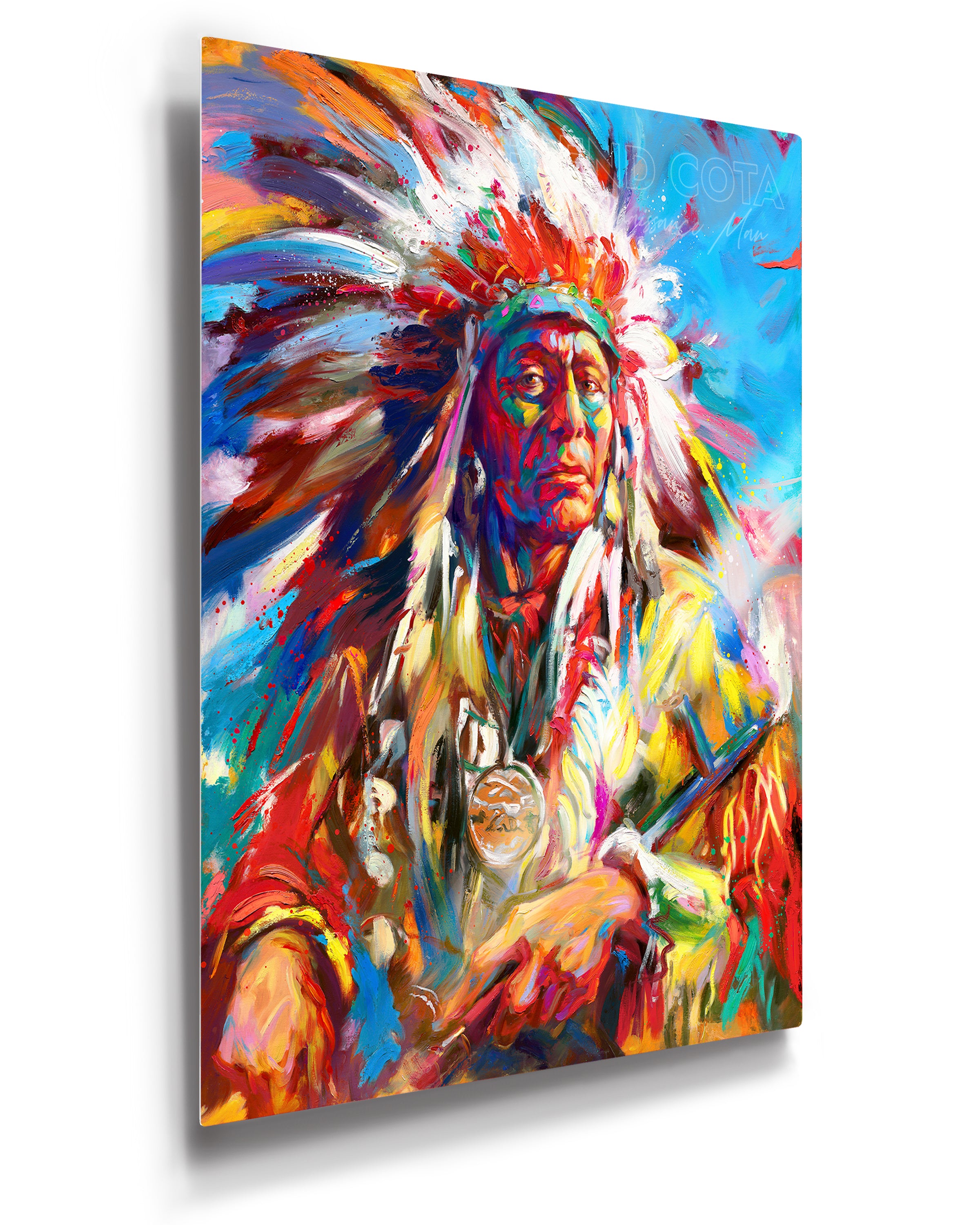 Limited edition on metal of the Native American Warrior Portrait in war bonnet, symoblizing the Great Spirit, pride and power, in colorful brushstrokes, color expressionism style.
