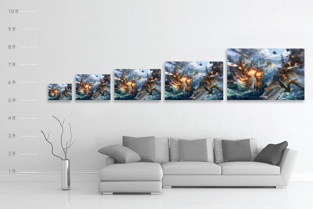 
                  
                    Limited edition painting on canvas of the attack on Pearl Harbor, Japanese planes bombing American battleships, on a background of destruction, smoke and fire, realism style with detailed brushstrokes with dimensions.
                  
                