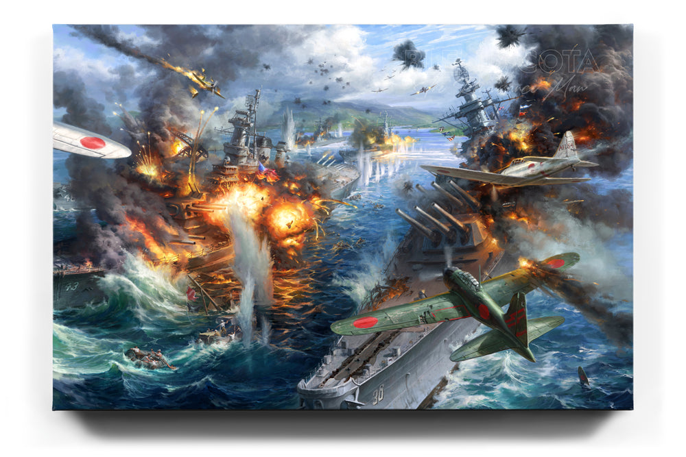 
                  
                    Limited edition painting on canvas of the attack on Pearl Harbor, Japanese planes bombing American battleships, on a background of destruction, smoke and fire, realism style with detailed brushstrokes.
                  
                