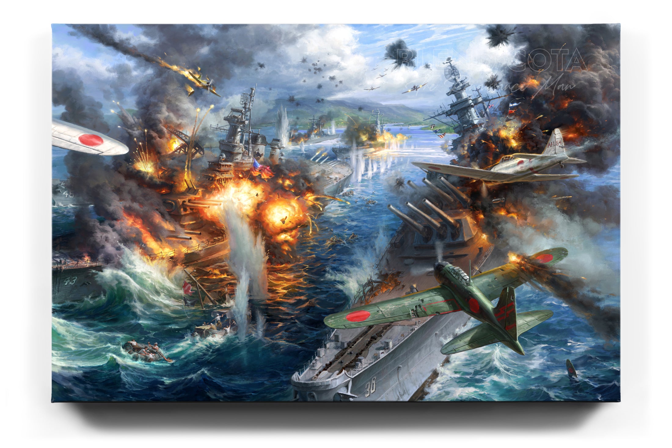 Limited edition painting on canvas of the attack on Pearl Harbor, Japanese planes bombing American battleships, on a background of destruction, smoke and fire, realism style with detailed brushstrokes.