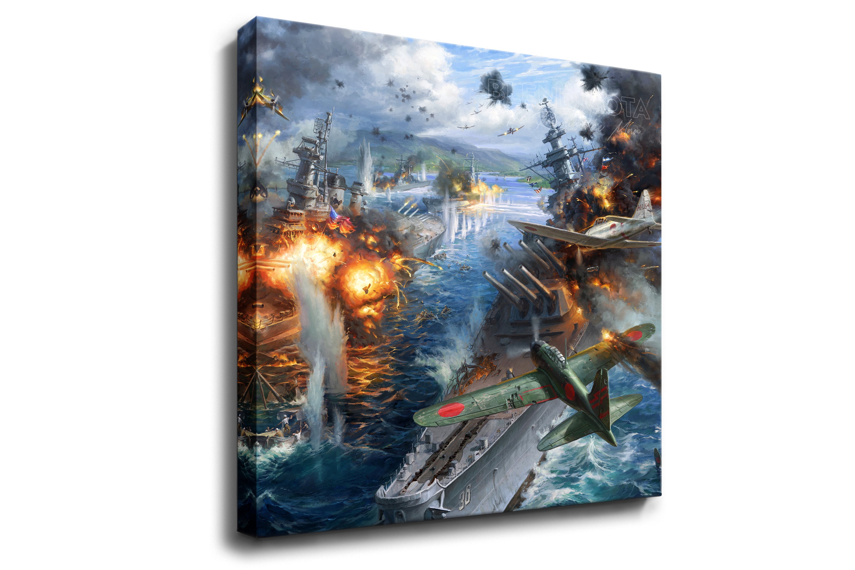 
                  
                    Square canvas wall art print of the attack on Pearl Harbor, Japanese planes bombing American vessels and battleships, on a background of destruction, smoke and fire, realism style with detailed brushstrokes.
                  
                